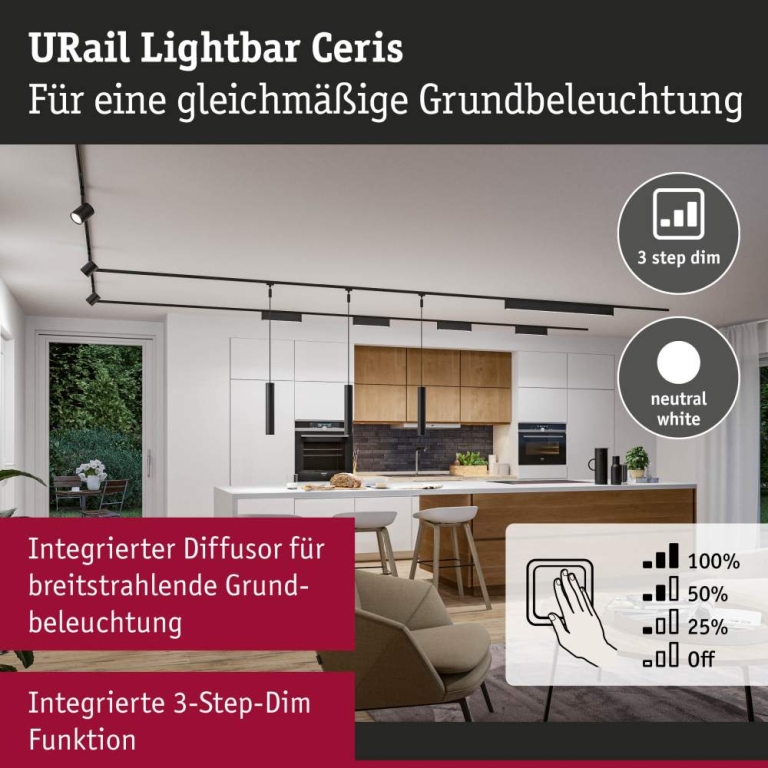 Paulmann URail Lightbar 3-Step-Dim Ceris  850lm 9,5W 4000K dimmbar 230V Schwarz matt