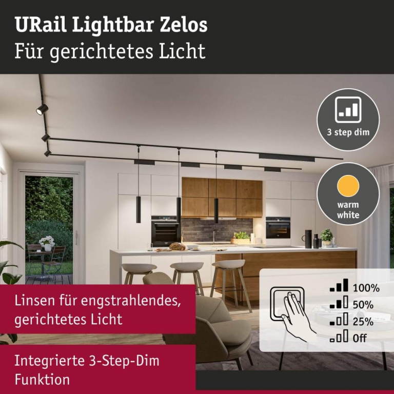 Paulmann URail Lightbar 3-Step-Dim Zelos  1050lm 10W 3000K dimmbar 230V Schwarz matt