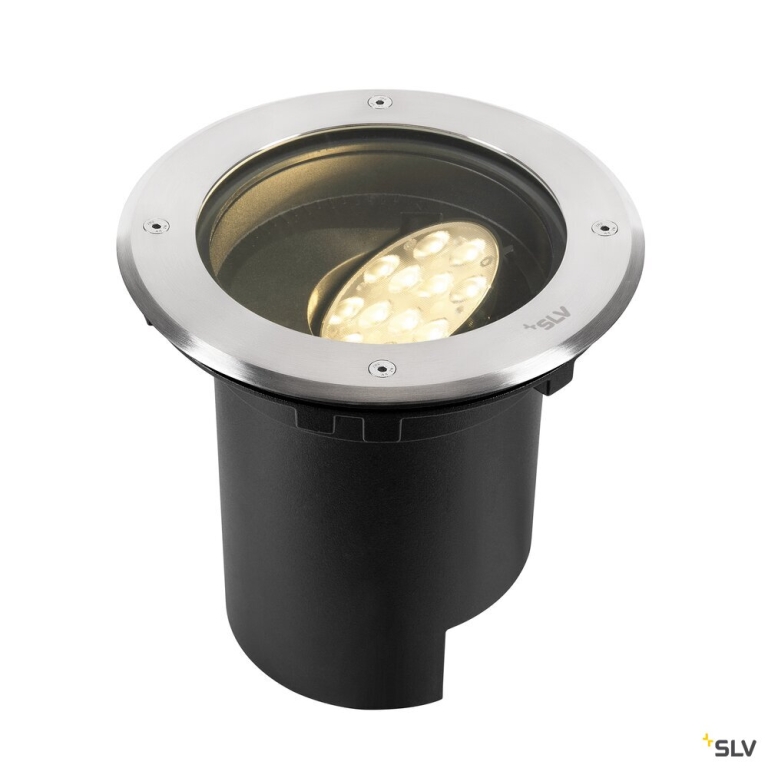 SLV DASAR® L, Bodeneinbauleuchte, asymmetrisch, 3000K, 70°/40°, IP65/IP67, rund, edelstahl / schwarz