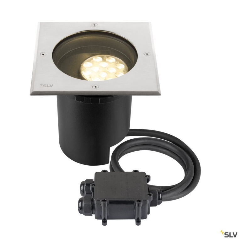 SLV DASAR® L, Bodeneinbauleuchte, asymmetrisch, 3000K, 70°/40°, IP65/IP67, quadratisch, edelstahl / schwarz