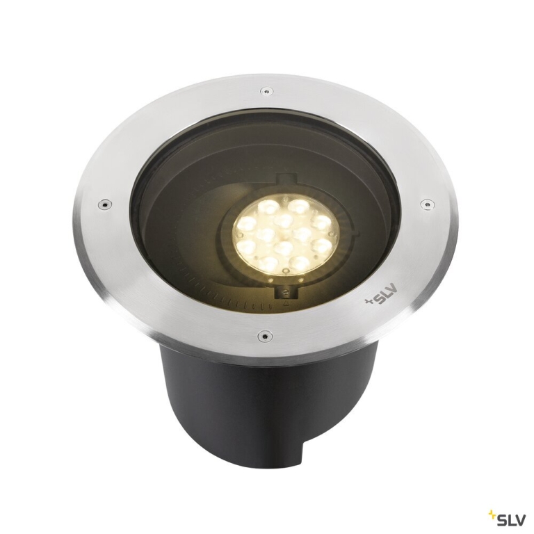 SLV DASAR® XL, Bodeneinbauleuchte, asymmetrisch, 3000K, 70°/40°, IP65/IP67, rund, edelstahl / schwarz
