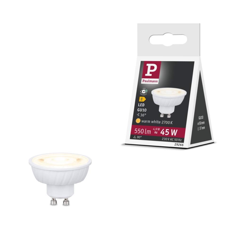Paulmann Standard 230V LED Reflektor GU10 Flat 37mm 550lm 4,9W 2700K  Signalweiß