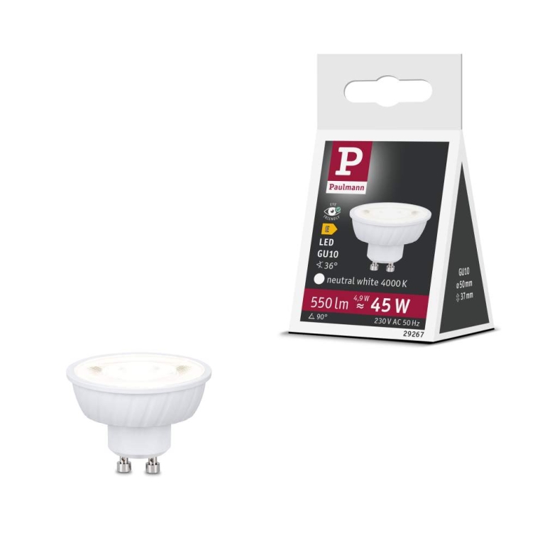 Paulmann Standard 230V LED Reflektor GU10 Flat 37mm 550lm 4,9W 4000K  Signalweiß