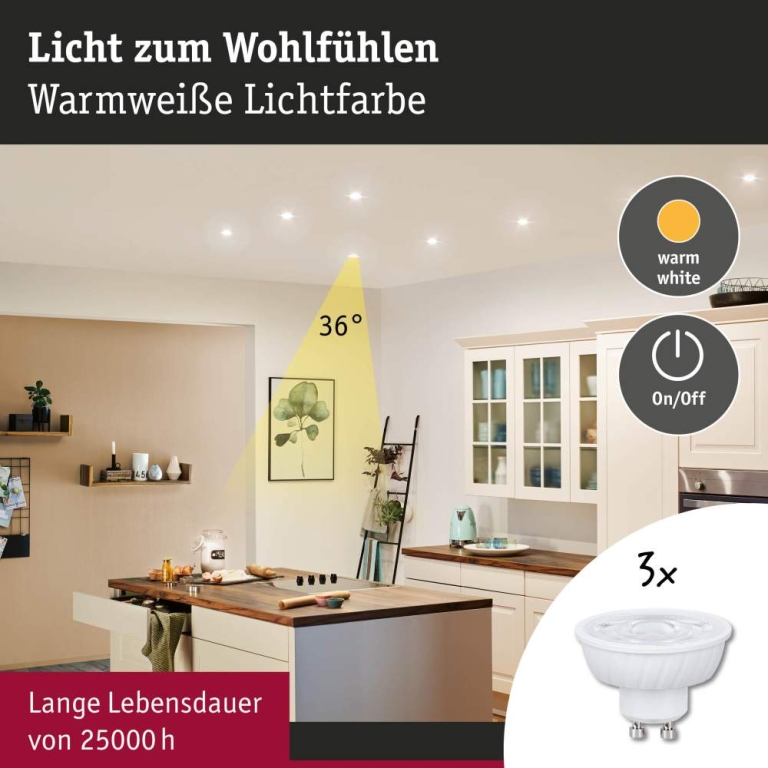 Paulmann Standard 230V LED Reflektor GU10 Flat 37mm 3x550lm 3x4,9W 2700K dimmbar Signalweiß