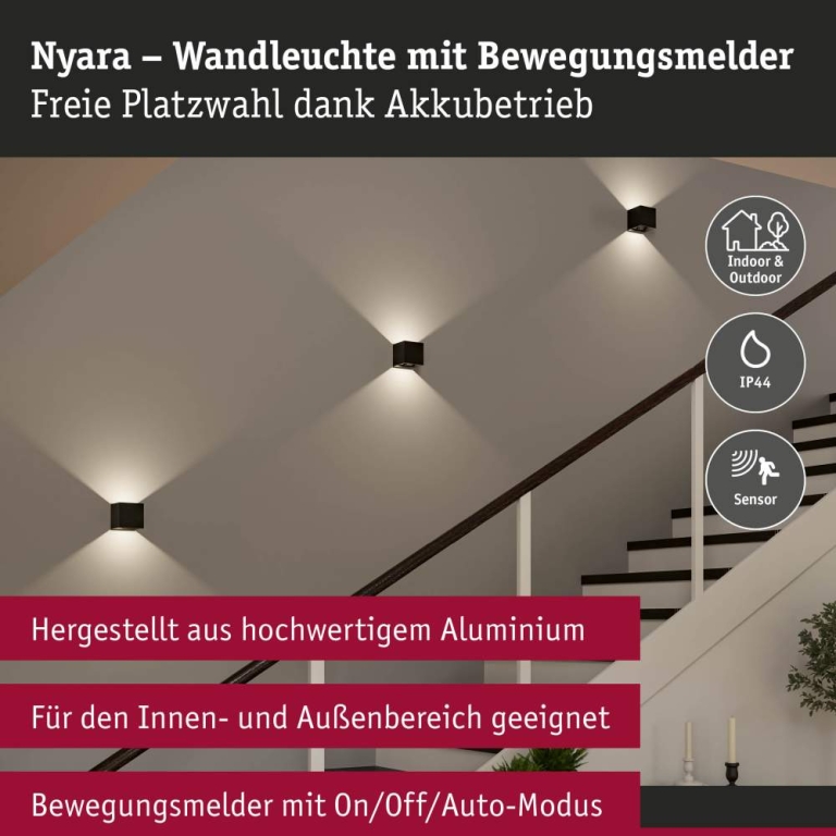 Paulmann LED Akkuwandleuchte Nyara  IP44 3000K 100x104mm 2x1W Schwarz