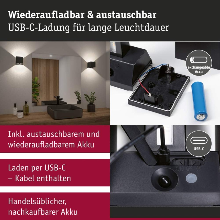 Paulmann LED Akkuwandleuchte Nyara  IP44 3000K 100x104mm 2x1W Schwarz