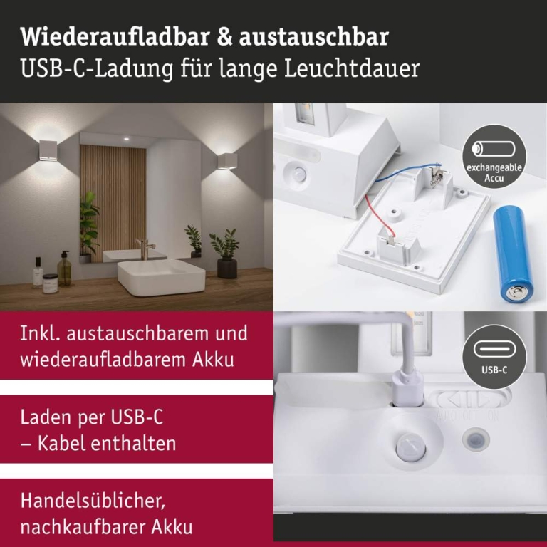 Paulmann LED Akkuwandleuchte Nyara IP44 3000K 100x104mm 2x1W Weiß