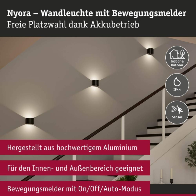 Paulmann LED Akkuwandleuchte Nyora IP44 3000K 135x120mm 2x1W Schwarz