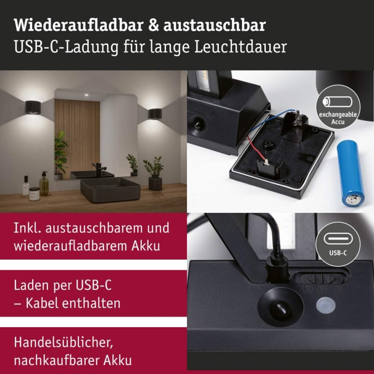Paulmann LED Akkuwandleuchte Nyora IP44 3000K 135x120mm 2x1W Schwarz