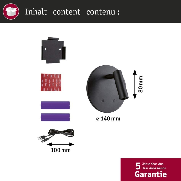 Paulmann LED Akkuwandleuchte Kiora 2700K 80lm / 50lm 3,7V 0,6W / 0,7W dimmbar Schwarz