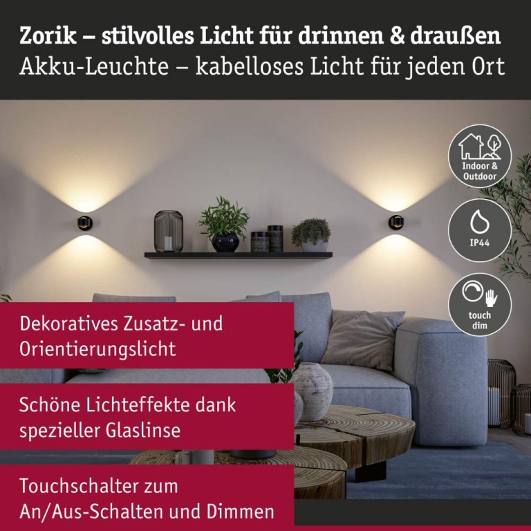Paulmann LED Akkuwandleuchte Zorik IP44 dimmbar 2700K 100mm 2x1,1W Schwarz