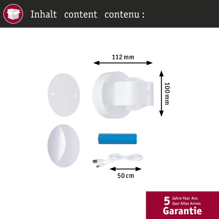Paulmann LED Akkuwandleuchte Zorik IP44 dimmbar 2700K 100mm 2x1,1W Weiß