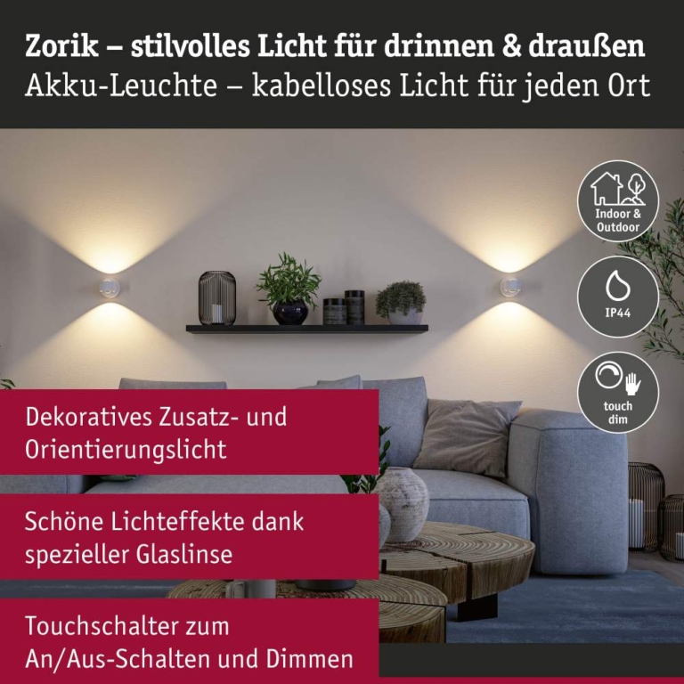 Paulmann LED Akkuwandleuchte Zorik IP44 dimmbar 2700K 100mm 2x1,1W Weiß