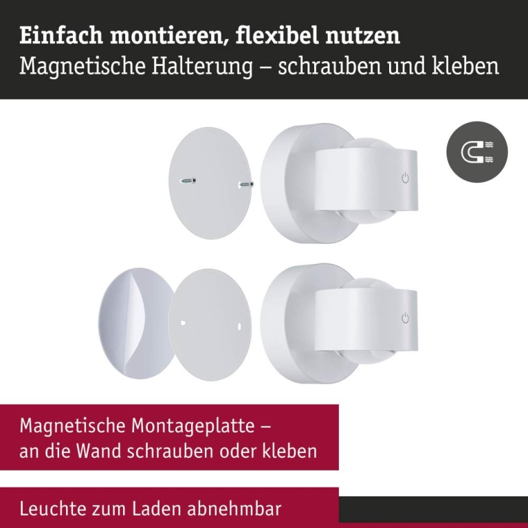 Paulmann LED Akkuwandleuchte Zorik IP44 dimmbar 2700K 100mm 2x1,1W Weiß