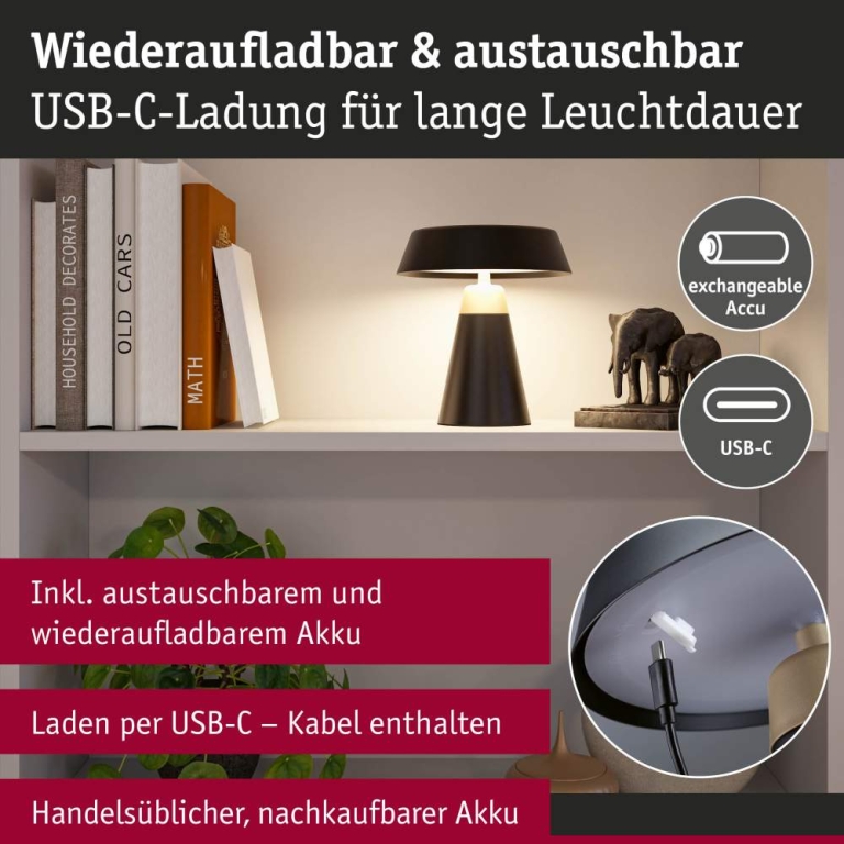 Paulmann Akkuleuchte Lirox IP44  White Switch Schwarz Champagner