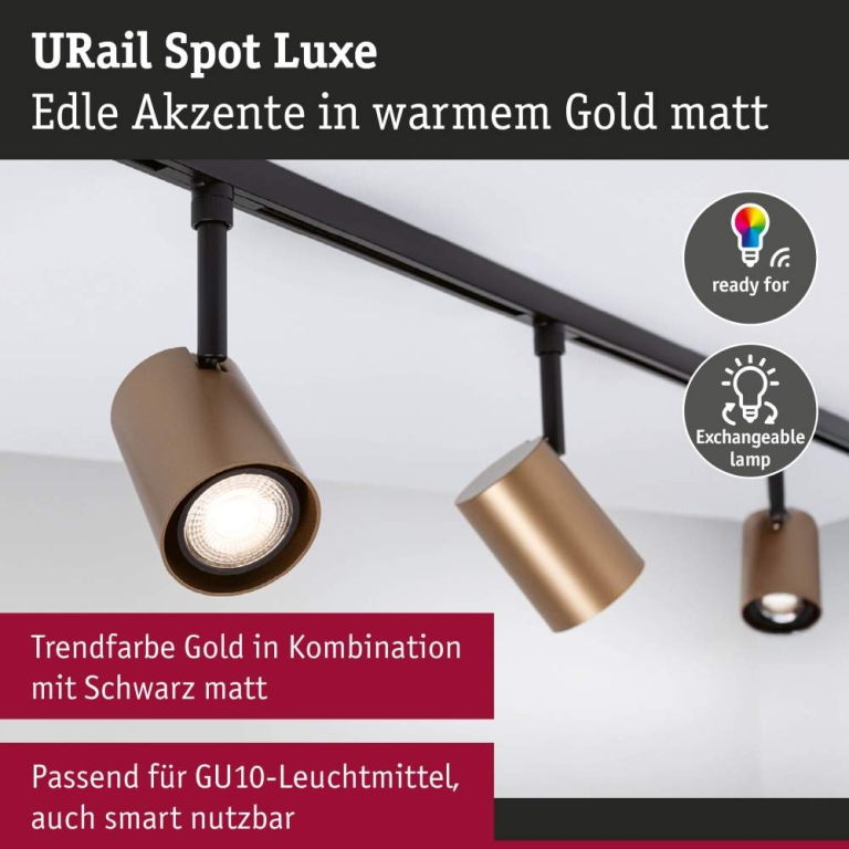 Paulmann URail Schienenspot Luxe   GU10  max. 10W  dimmbar 230V Gold matt Schwarz matt
