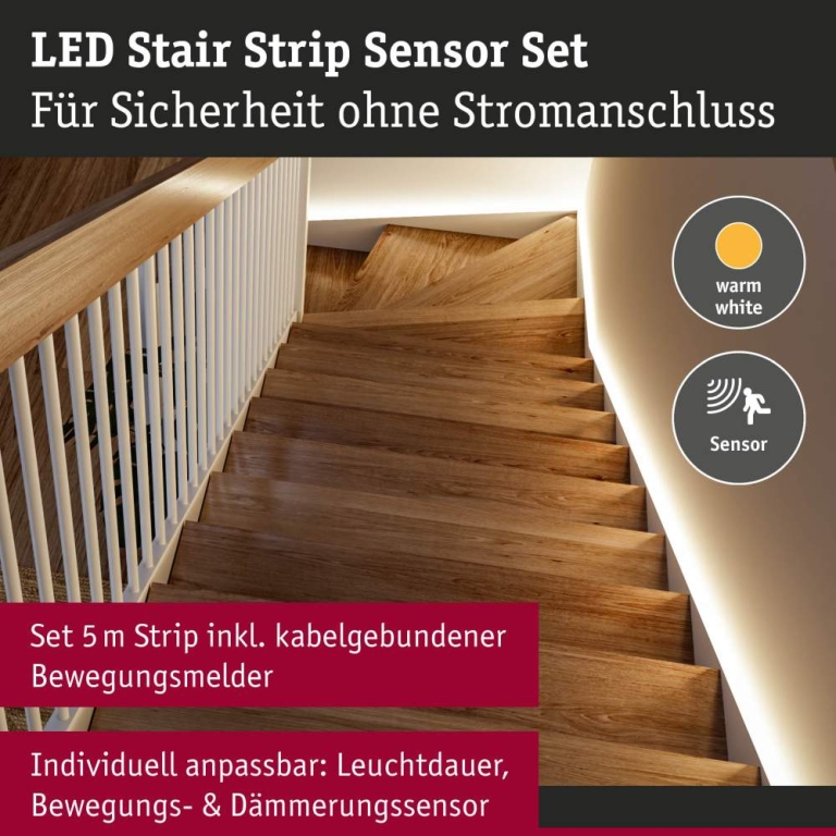 Paulmann LED Strip batteriebetrieben Dämmerungsgesteuerter Bewegungsmelder (IR) 5m 5W 180lm/m 30 LEDs/m 3000K