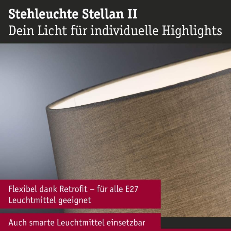 Paulmann Stehleuchte Stellan II E27   max. 20W Grau Metall#Stoff