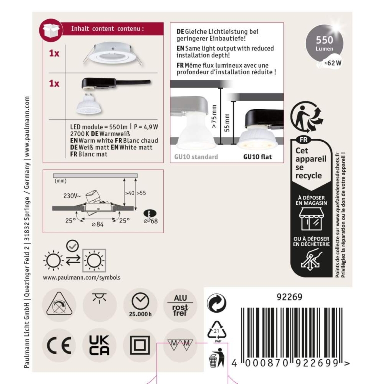 Paulmann LED Einbauleuchte Nova GU10 Flat schwenkbar 4,9W 550lm 230V  2700K Weiß matt
