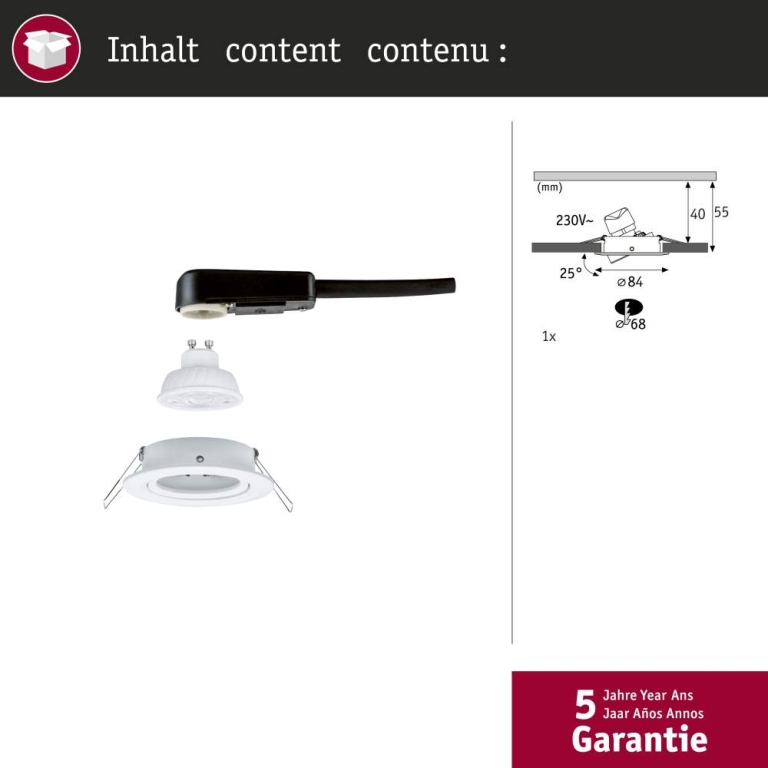 Paulmann LED Einbauleuchte Nova GU10 Flat schwenkbar 4,9W 550lm 230V  2700K Weiß matt