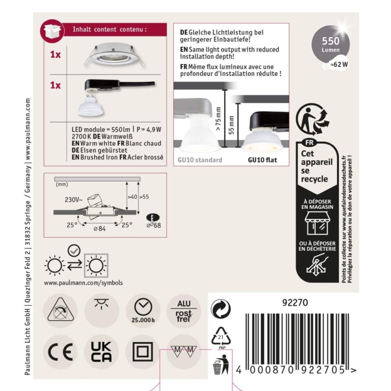 Paulmann LED Einbauleuchte Nova GU10 Flat schwenkbar 4,9W 550lm 230V  2700K Eisen gebürstet
