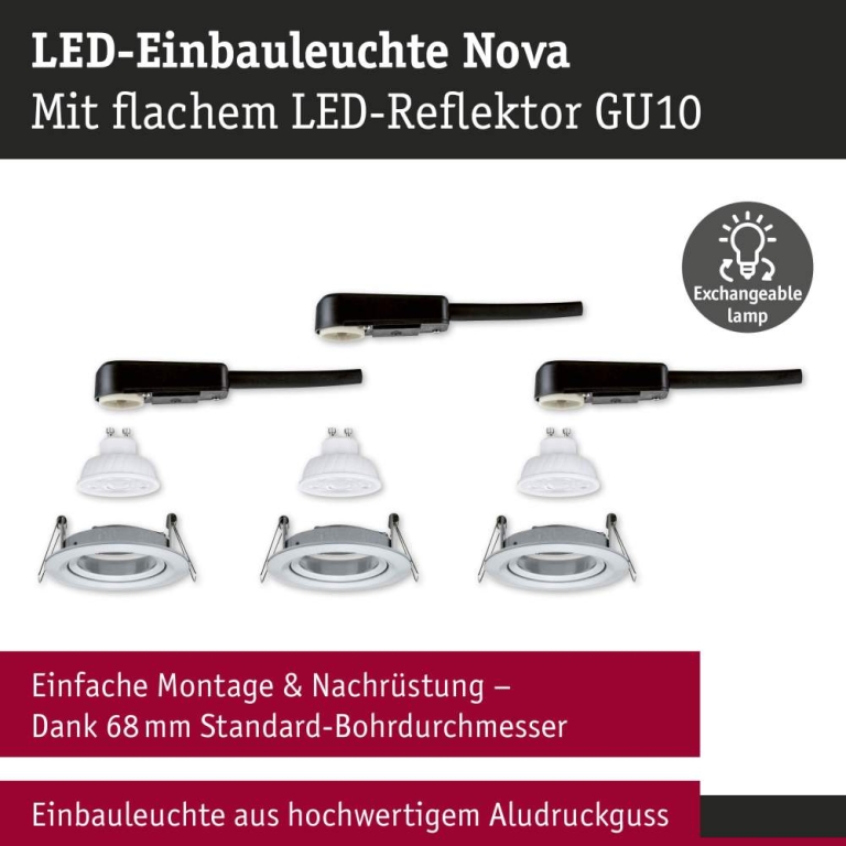Paulmann LED Einbauleuchte Nova GU10 Flat schwenkbar 3x4,9W 3x550lm 230V  2700K Alu gedreht