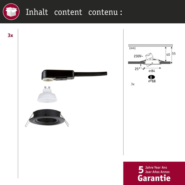 Paulmann LED Einbauleuchte Nova GU10 Flat schwenkbar 3x4,9W 3x550lm 230V  2700K Schwarz matt