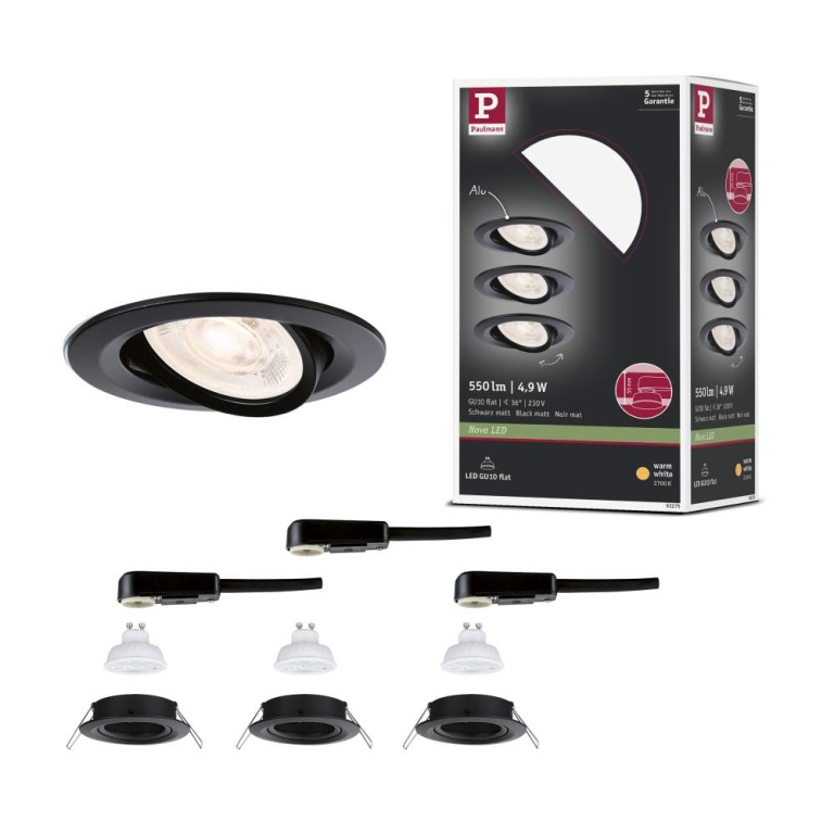 Paulmann LED Einbauleuchte Nova GU10 Flat schwenkbar 3x4,9W 3x550lm 230V  2700K Schwarz matt