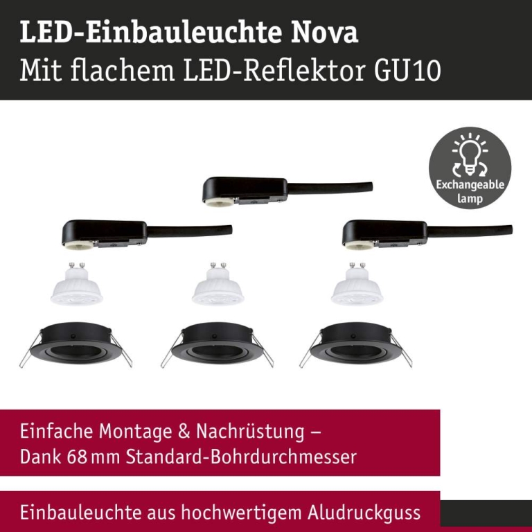 Paulmann LED Einbauleuchte Nova GU10 Flat schwenkbar 3x4,9W 3x550lm 230V  2700K Schwarz matt