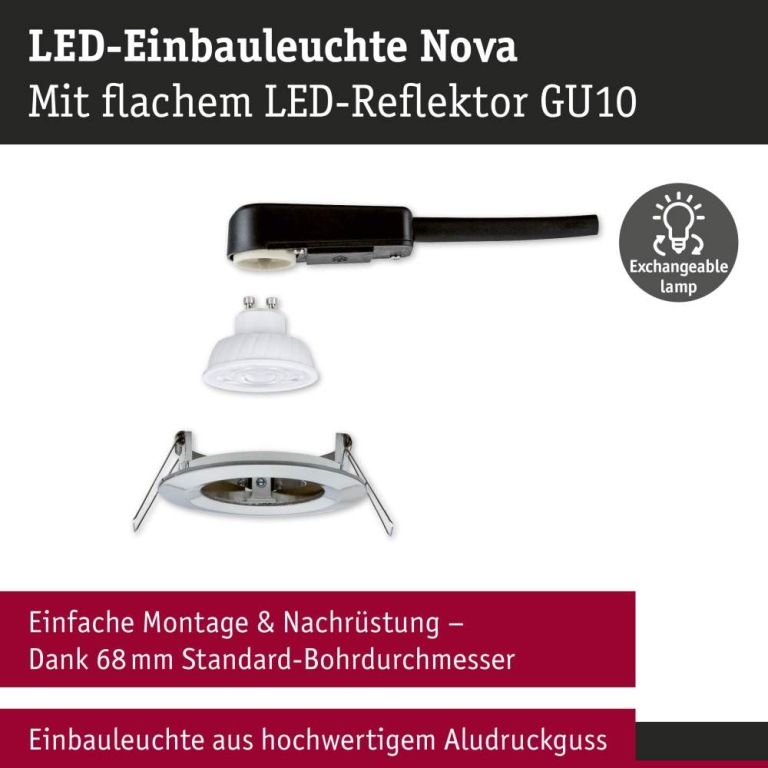 Paulmann LED Einbauleuchte Nova GU10 Flat starr IP44 4,9W 550lm 230V  2700K Eisen gebürstet