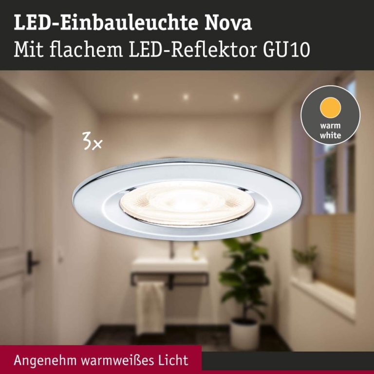 Paulmann LED Einbauleuchte Nova GU10 Flat starr IP44 3x4,9W 3x550lm 230V  2700K Chrom