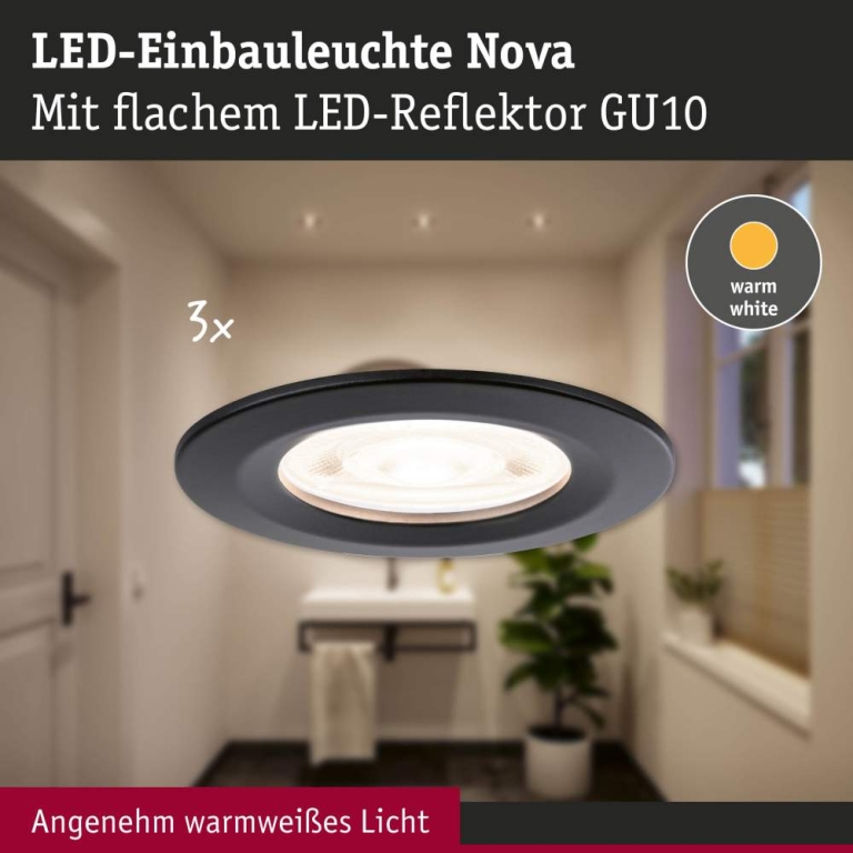 Paulmann LED Einbauleuchte Nova GU10 Flat starr IP44 3x4,9W 3x550lm 230V  2700K Schwarz matt