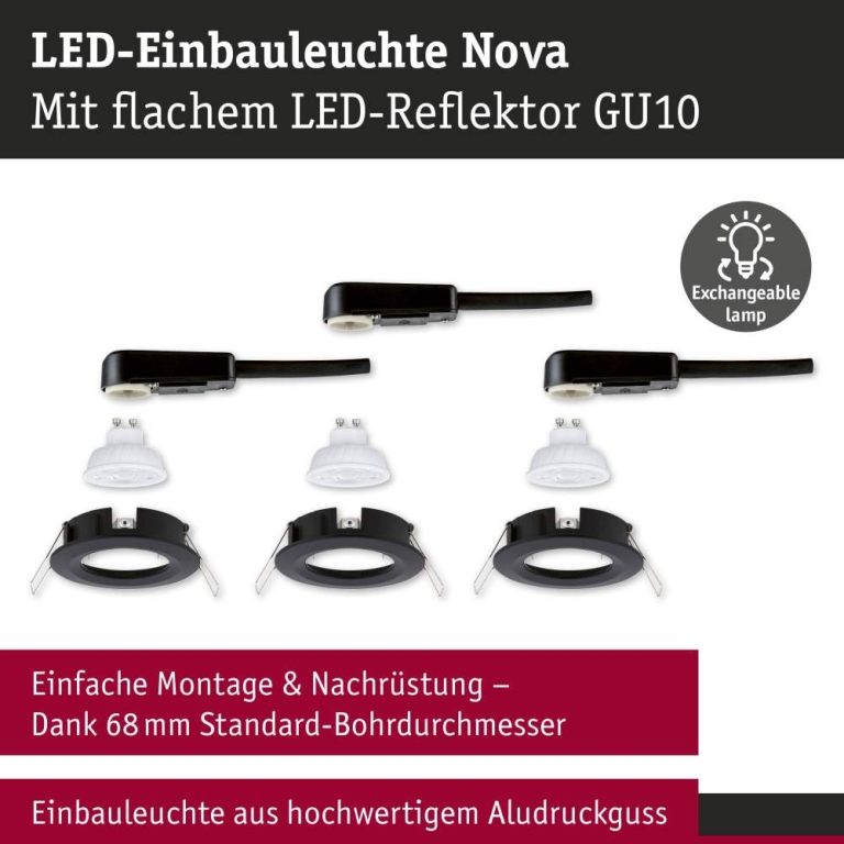 Paulmann LED Einbauleuchte Nova GU10 Flat starr IP44 3x4,9W 3x550lm 230V  2700K Schwarz matt