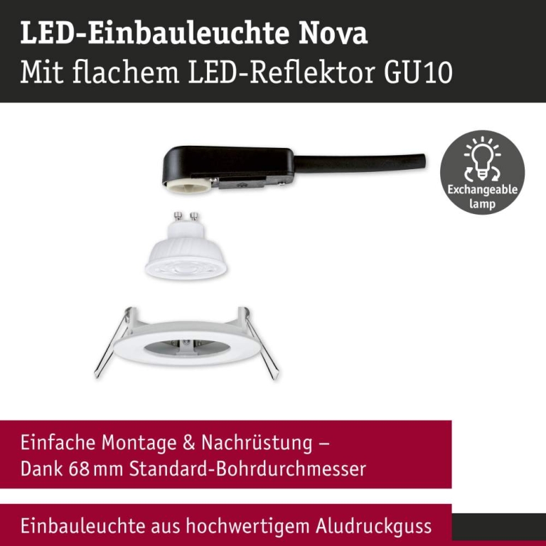 Paulmann LED Einbauleuchte Nova GU10 Flat starr IP44 4,9W 550lm 230V  4000K Weiß matt