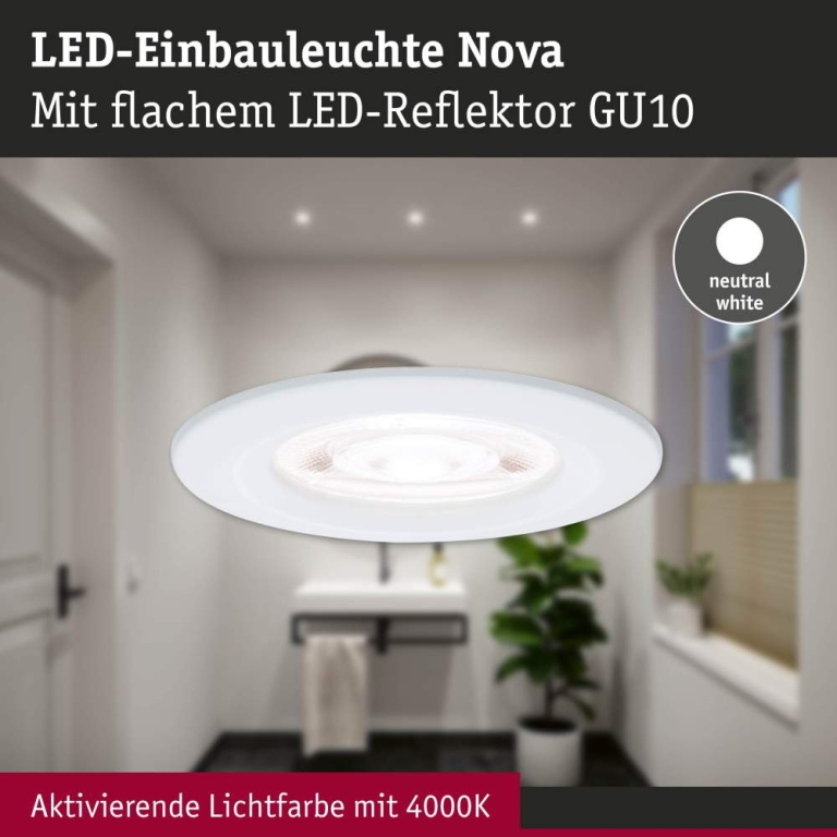 Paulmann LED Einbauleuchte Nova GU10 Flat starr IP44 4,9W 550lm 230V  4000K Weiß matt