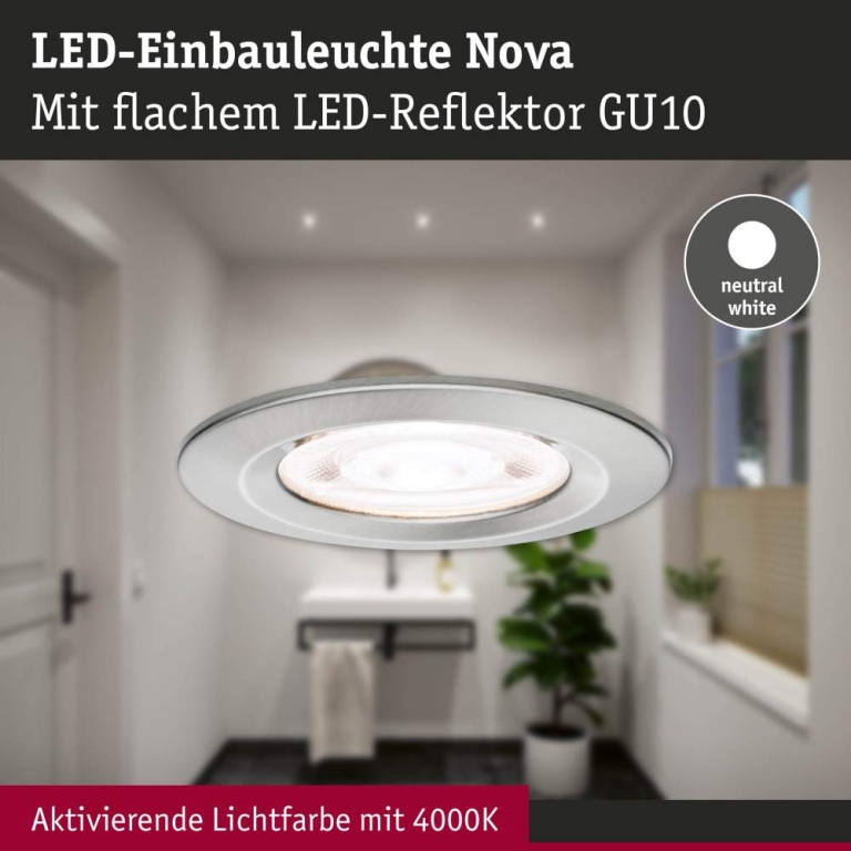 Paulmann LED Einbauleuchte Nova GU10 Flat starr IP44 4,9W 550lm 230V  4000K Eisen gebürstet