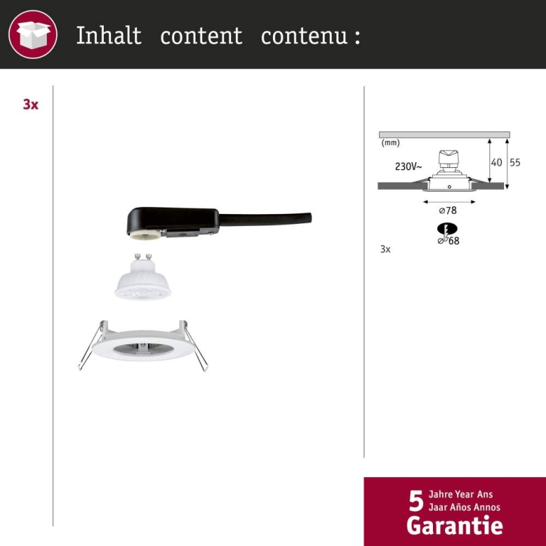 Paulmann LED Einbauleuchte Nova GU10 Flat starr IP44 3x4,9W 3x550lm 230V  4000K Weiß matt