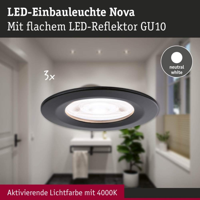 Paulmann LED Einbauleuchte Nova GU10 Flat starr IP44 3x4,9W 3x550lm 230V  4000K Schwarz matt