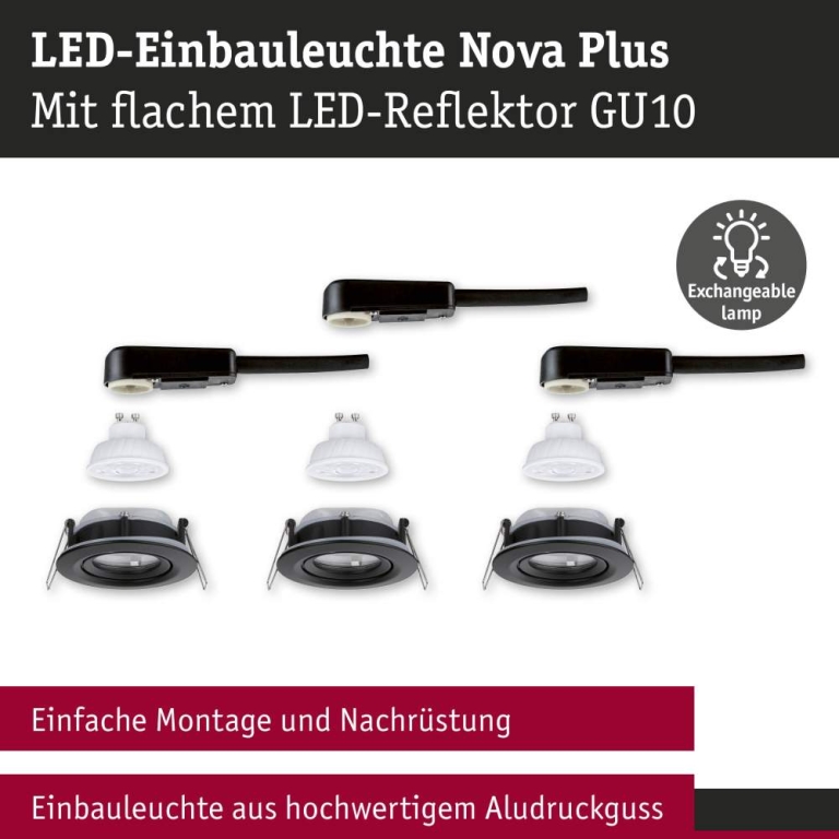 Paulmann LED Einbauleuchte Nova Plus GU10 Flat IP65 93mm 3x4,9W 3x550lm 230V dimmbar 2700K Schwarz matt