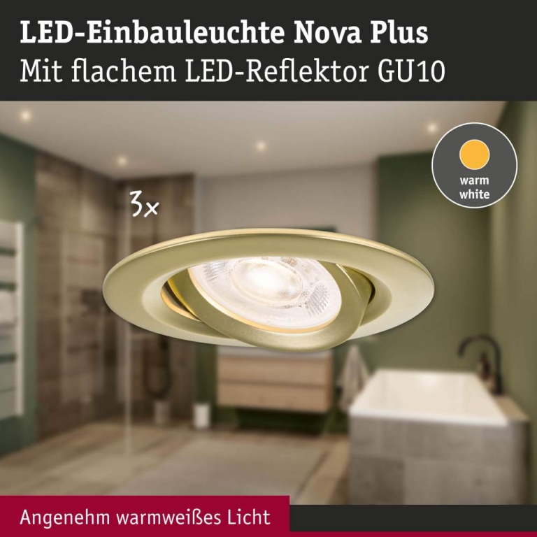 Paulmann LED Einbauleuchte Nova Plus GU10 Flat IP65 93mm 3x4,9W 3x550lm 230V dimmbar 2700K Gold matt