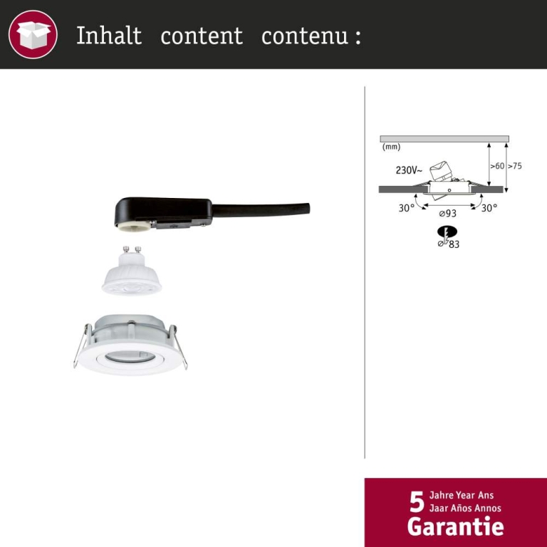 Paulmann LED Einbauleuchte Nova Plus GU10 Flat IP65 93mm 4,9W 550lm 230V dimmbar 4000K Weiß matt
