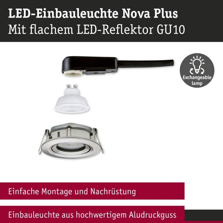 Paulmann LED Einbauleuchte Nova Plus GU10 Flat IP65 93mm 4,9W 550lm 230V dimmbar 4000K Eisen gebürstet