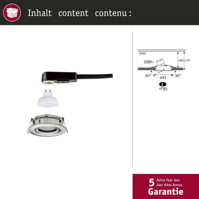 Paulmann LED Einbauleuchte Nova Plus GU10 Flat IP65 93mm 4,9W 550lm 230V dimmbar 4000K Eisen gebürstet