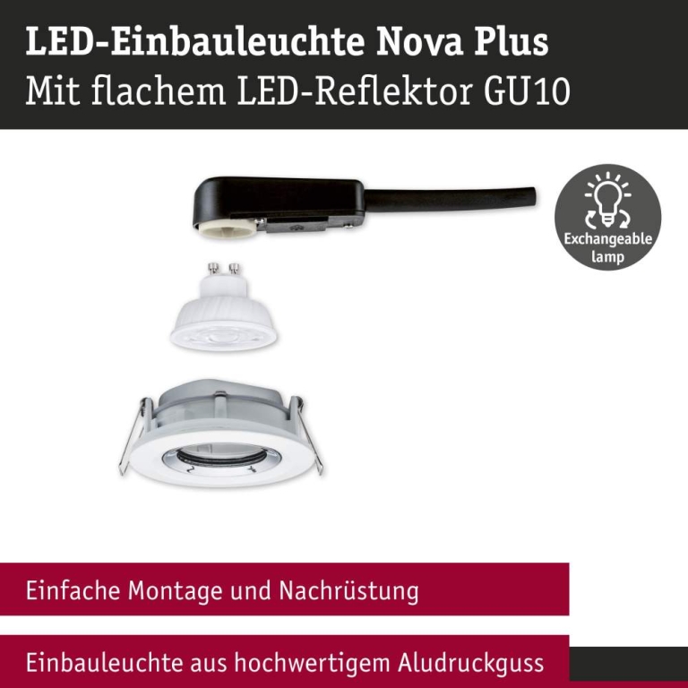 Paulmann LED Einbauleuchte Nova Plus GU10 Flat IP65 93mm 4,9W 550lm 230V dimmbar 4000K Weiß matt#Chrom