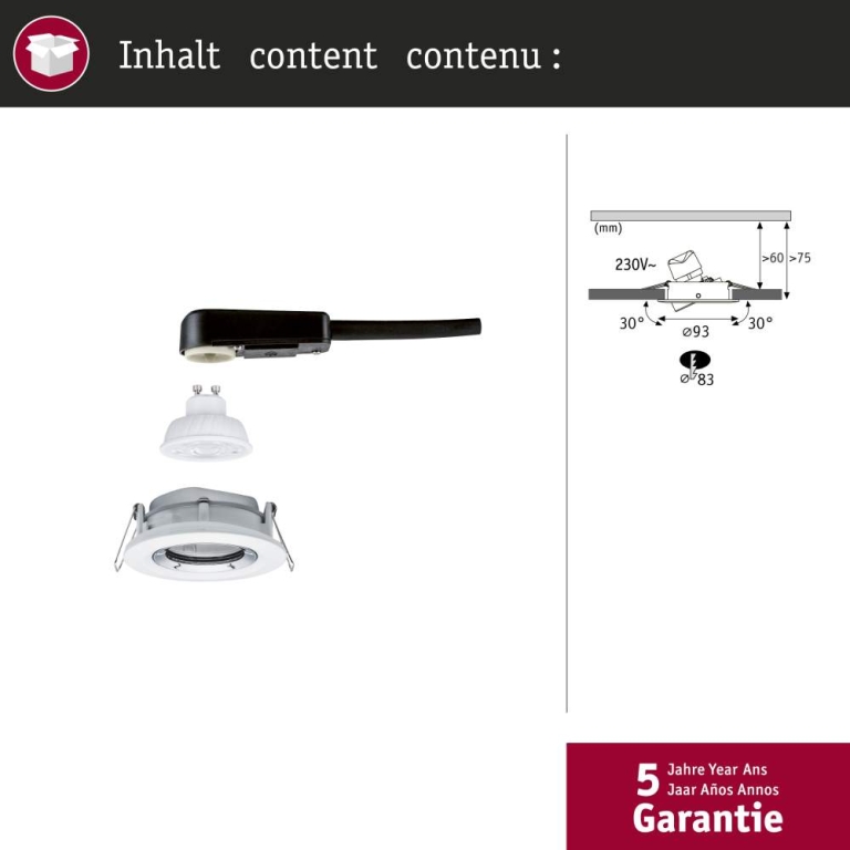 Paulmann LED Einbauleuchte Nova Plus GU10 Flat IP65 93mm 4,9W 550lm 230V dimmbar 4000K Weiß matt#Chrom