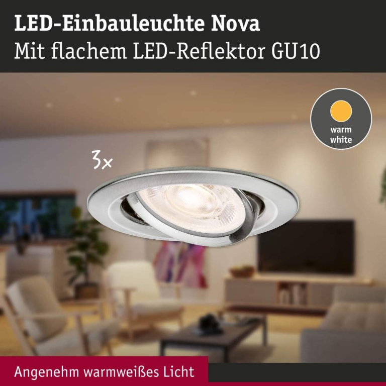 Paulmann LED Einbauleuchte 3-Step-Dim Nova GU10 Flat schwenkbar 3x4,9W 3x550lm 230V dimmbar 2700K Eisen gebürstet
