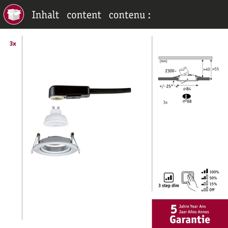 Paulmann LED Einbauleuchte 3-Step-Dim Nova GU10 Flat schwenkbar 3x4,9W 3x550lm 230V dimmbar 2700K Alu gedreht