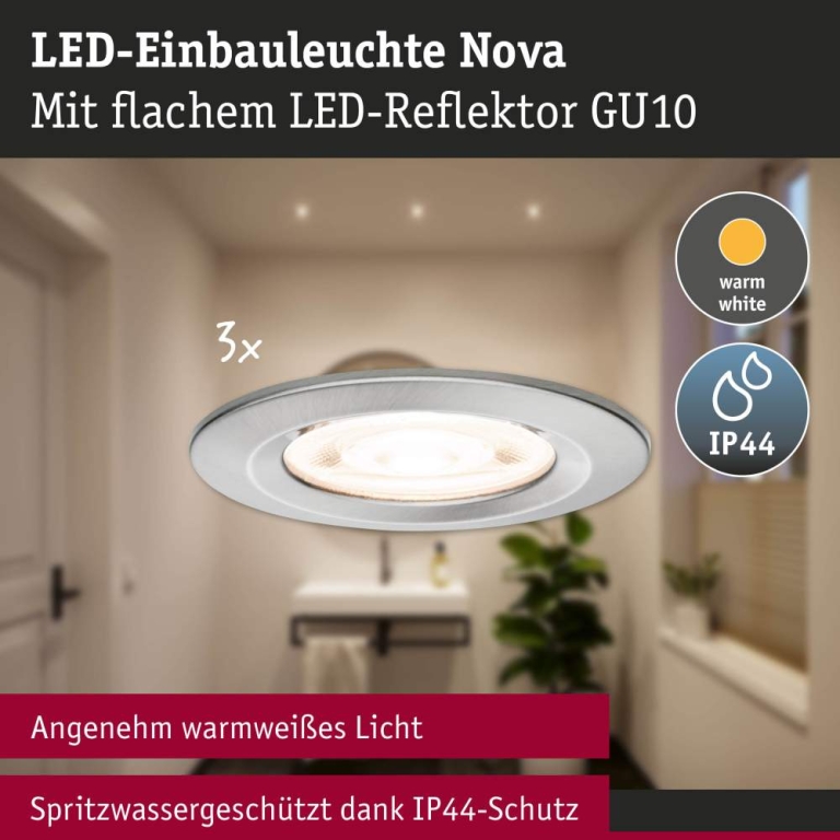 Paulmann LED Einbauleuchte 3-Step-Dim Nova GU10 Flat starr IP44 3x4,9W 3x550lm 230V dimmbar 2700K Eisen gebürstet