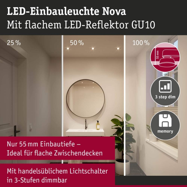 Paulmann LED Einbauleuchte 3-Step-Dim Nova GU10 Flat starr IP44 3x4,9W 3x550lm 230V dimmbar 2700K Eisen gebürstet