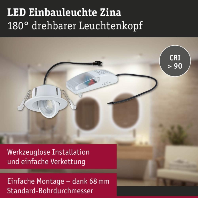 Paulmann LED Einbauleuchte Zina IP65 5W / 8W 685lm / 0lm 230V dimmbar 2700 - 4000K Weiß matt